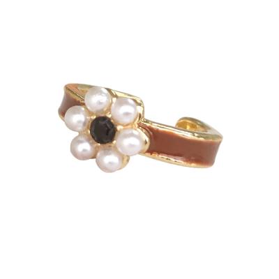 China CLASSIC Personality Gold Plated Diamond Crystal Flower Pearl Cuff Open Ring Gift Jewelry Adjustable Rings for sale