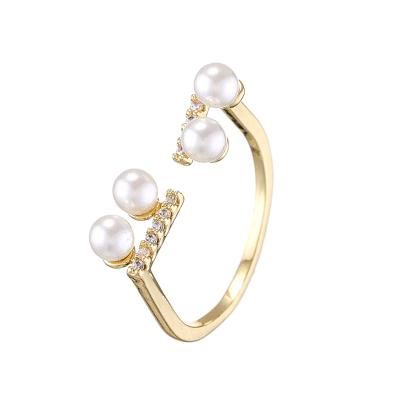 China CLASSIC 2021 Fashion Gold Color Cuff Circle Open Flower Three Ring Set For Wedding Ring Adjustable Crystal Imitation Pearl for sale