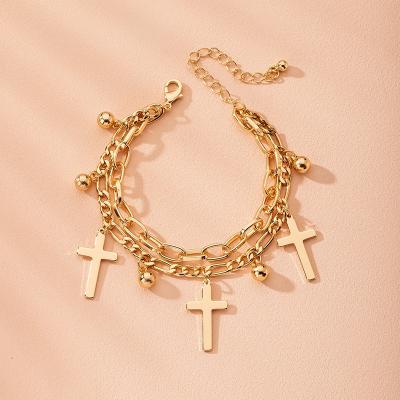 China TRENDY Fashion Double Layer 18K Gold Stainless Steel High Quality Cross Bracelet For Women for sale