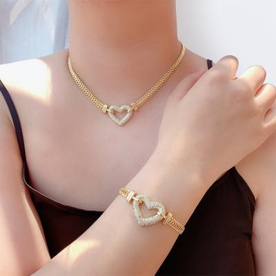 China Hiphop Two-Pieces Jewelry Set Double Cuban Link Chain Micro Pave CZ Diamond Heart Shape Necklace And Bracelet Set For Women for sale