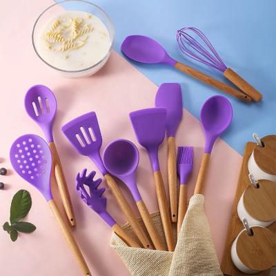 China New Arrival Viable 12 Piece Wooden Handle Silicone Kitchen Utensils Set With Storage Box Kitchen Tools Kitchenware Cookware Set for sale