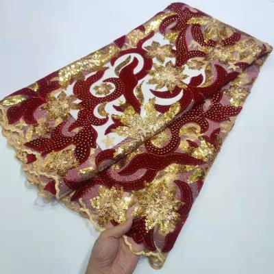 China Sustainable Clothes Fabric Beautiful Winter African Velvet With Big Lace Sequins Embroidered Velvet Fabric for sale