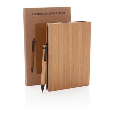 China Custom school office stationery bamboo eco logo paper hardcover book diary notebook stationery gift set with pen for sale