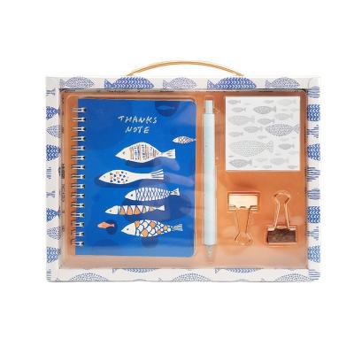 China Setstationery Durable Cute Blue Fishes Set Gift School Fancy Boxes Items For Kid Children Item Kawaii Custom Notebook And Pen Sets for sale