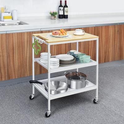 China Natural 3 Tier Metal Storage Organizer Cart With Wheels Small Rolling Cart With MDF Board Serving Carts With Wheels And Handle for sale