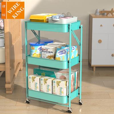 China Easy Cleaning Space Saving Folding Foldable Three Tier Serving Rolling Organizer Storage Rack Trolley Kitchen Trolley for sale