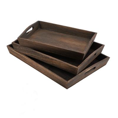 China Stocked Set of 2 Rustic Burnt Rectangular Country Wooden Tray Nesting Serving Platters for sale