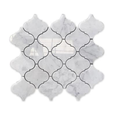 China Parquet Bianco Carrara White 4 Inch Latern Marble Mosaics Arabesque Backsplash Slab for sale