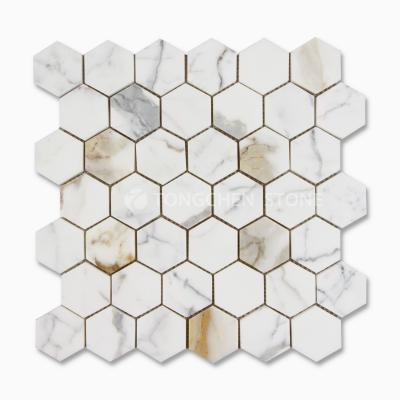 China Floor Wall Bathroom Kitchen Italian Calacatta Gold 2inch Hexagon Mosaic for sale