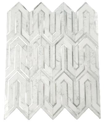 China Cheap White Parquet Price Waterjet Chevron Marble With Silver Metal Mosaic For Wall And Floor for sale