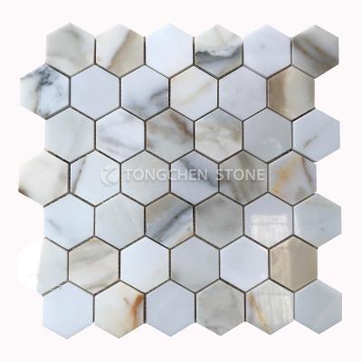 China China Calacatta 298*305mm Gold 2inch Hexagon Marble Mosaic Tiles for sale