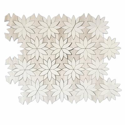 China Hot Sale Lotus Design Waterjetc Mosaic Slab White Marble Mosaic Slab Flooring and Fleece Wood For Home Decoration HCX010 for sale