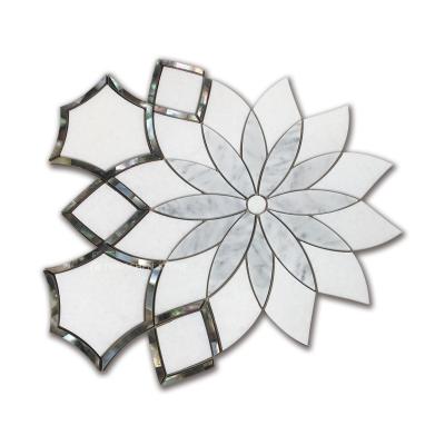 China Carrara white parquet flower design waterjet marble mosaic slab with black pearl stone mosaic for home decoration HCX041 for sale