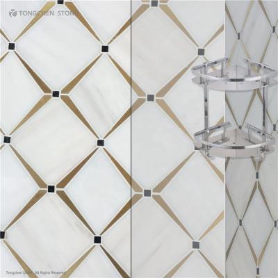 China Parquet Mosaic Slab Waterjet Marble with Brass for Decoration for sale