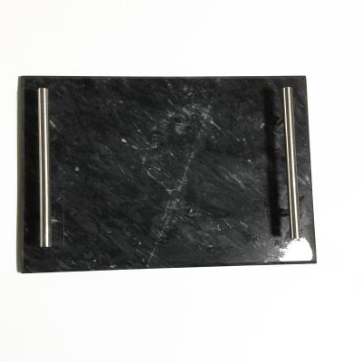 China Sustainable Black Marble Serving Board With Rectangular Silver Handle for sale