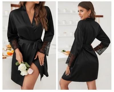 China Designer QUICK DRY V-Neckline Lace Up Casual Black Robe Black Loungewear Bathrobe Homewear Romantic Hot Luxury Sleepwear For Women for sale