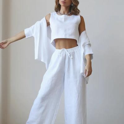 China Custom Logo Linen Cotton White QUICK DRY Women's Simple 3pcs Summer Set Female Pajamas Loungewear for sale