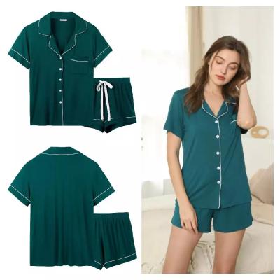 China Logo Shorts Women's Two Pieces Pajama Set Soft Solid Bamboo Cotton Custom Sleeve QUICK DRY for sale