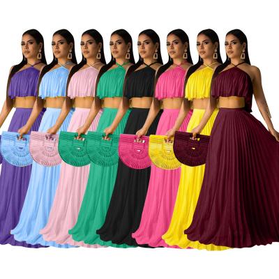 China New Fashion Breathable Multicolor Solid Women's TD Long Casual 2 Pcs Set Crop Top Pleats Halter Beach Bohemian Dresses for sale