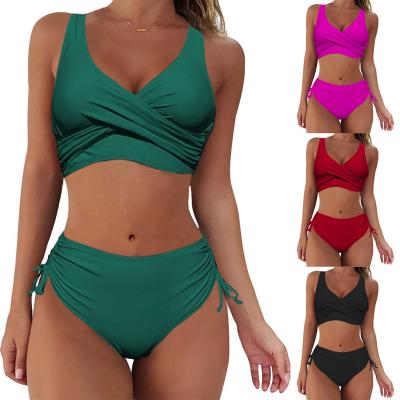 China Plus Size 2022 New Style Woman Sexy Swimwear Bandage Swimwear Wholesale Cross V Neck Solid Beach Wear Bikini Set Swimwear For Women for sale