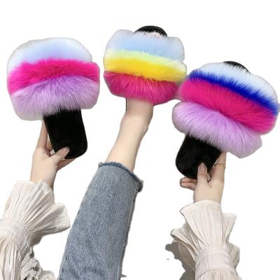 China Outdoor Fluffy Fox Raccoon Fur Slippers 100% Logo Fox Slipper Fur Sandal Slippers Breathable Shopper For Women for sale