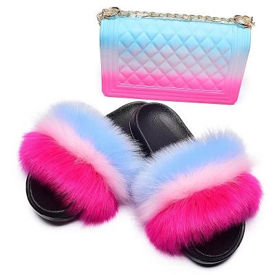 China Jelly Handbag Set Furry Fluffy PVC Rainbow Fox Fur Sandals Women Breathable Fur Slippers Fluffy Fur Slides for sale