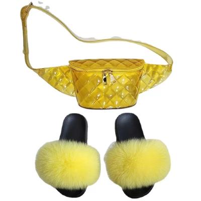 China Warmest Colorful Real Fur Slippers Breathable Women High Street Wear Fur Slippers Bag Customize Fox Fluffy Real Fur Slides Set for sale