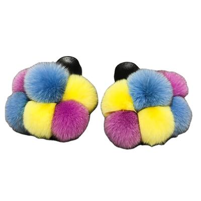 China Breathable Customize 100% Real Fox Furs Luxury Fluffy Real Fox Fur Ball Handmade Slippers Pom Pom Slides Wholesale for sale