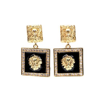 China Creative Design Lion Dangle Earrings Vintage Brass Enamel Square Pave Zircon Drop Earring Exaggerated Vintage Woman Punk Jewelry New for sale