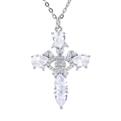 China Fashion Religious Pear Cut Clear Zircon Cross Pendant Necklace For Women White Gold Plated Evil Eyes Long Chain Necklace Religious Jewelry for sale