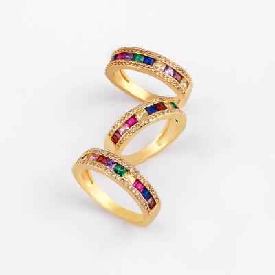 China Big Love Luxury Gold Rings For Women Colorful Wand Finger Cubic Zirconia Rainbow Rings Girls EYIKA Jewelry Anillo Arcoiris for sale