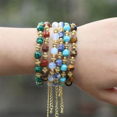 China New Colorful Tiger Eye Turquoise Stone Charm BOHEMIA Semi-precious Stone Copper Beads Adjustable Bracelet For Women Men Jewelry for sale