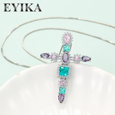 China EYIKA Casual/Sporty Shape Colorful CZ Micro To Pave Multicolor CZ Stone Cross Shape Pendant Necklace For Women Jewelry for sale