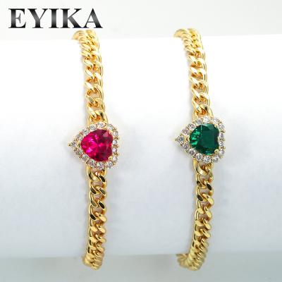 China EYIKA Hip Hop Jewelry Cuban Bracelet Set Heart Cute Red Glass Stone Arrow Cuban Chain Green Bracelet For Wedding for sale