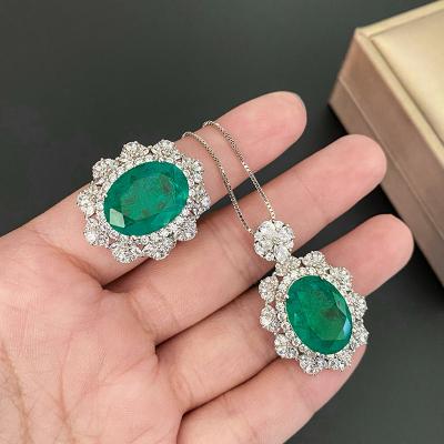 China Stone Pendant Necklace Ring Flower Shape Jewelry Set New Fashion Vintage Brazil S925 Sterling Silver Zircon Oval Emerald green fusion for sale