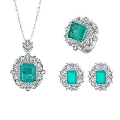 China Necklace Ring Zircon Flower 925 Sterling Silver Three Pieces Earring Set Vintage Emerald Green Stone Bride Wedding Jewelry Set for sale