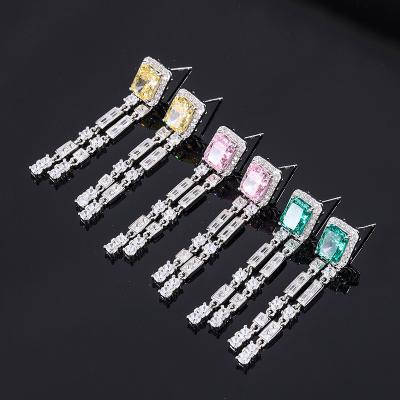 China Fashion 925 Sterling Silver TRENDY Cubic Zircon Long Drop Earring White Gold Plated Bagutte for Women Emerald Stone Jewelry pink yellow for sale