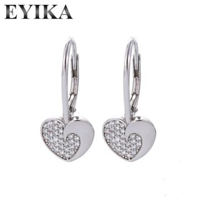 China TRENDY heart dangle drop earring micro pave sparkle white CZ crystal bling charm 925 sterling silver earrings for sale