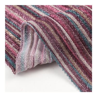 China Multicolor stripe manufacturers fashion polyester metal yarn pleated print fabric for fashion women for sale