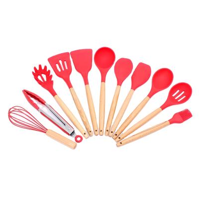 China Sustainable 11 Pieces In 1 Set Kitchen Gadgets Tools Rack Kitchenware Spatula Silicone Cookware Set With Wooden Handles for sale