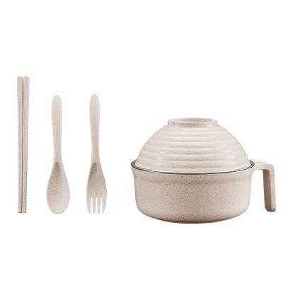 China Sustainable Wholesale 2 Pack Bamboo Fiber Dinnerware Set Eco-friendly Wheat Straw Bowls Plates Sets Dinnerwars With Lid And Handle for sale