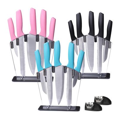 China Sustainable OEM Cheap Color PP Handle Kitchen Knife Set 6 Pcs Cooking Tools Knives With Knife Sharpner for sale