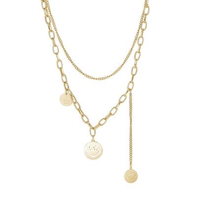 China TRENDY Smile Face Necklace Double Layer 18K Hip Hop Real Gold Plated Necklace 316 Stainless Steel Necklace for sale