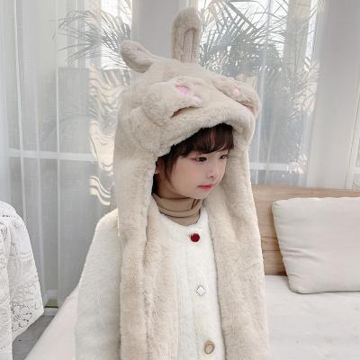 China Character OEM Customized Embroidery Kids Cute Winter Hats With Gloves Plain Warm Cotton Bunny Ears Moving Bunny Hat for sale