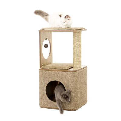 China OEM Sustainable Cat Tree Tower Condo Wooden Cat Climbing Scratcher House Luxury Wood Cat Furniture for sale