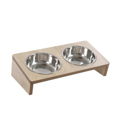 China Cats Quality Pet Bowls Wooden Rack Double Health Proven Stainless Bowls Cat Feeder And Water for sale