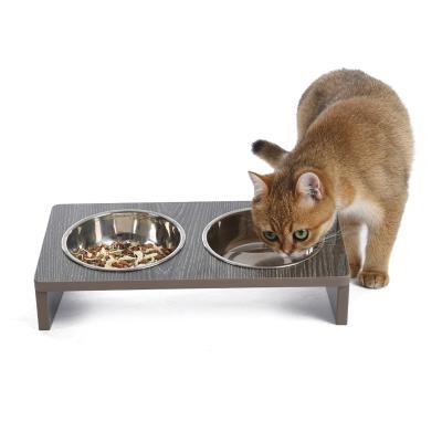 China Sustainable Modern Wooden Feeder For Cat Food And Water Raised Cat Food Bowls Stainless Bowls for sale