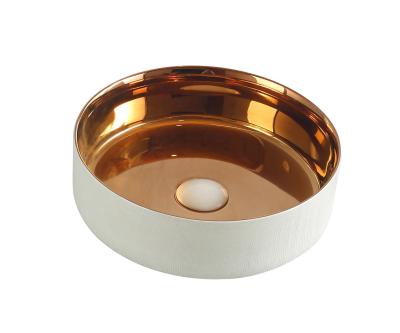 China 2021 High Tempreture Ceramic New Design Custom Color Electroplate Gold Round Art Basin Sink For Bathroom Use for sale