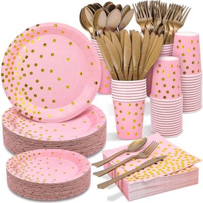 China Wholesale Disposable Environmental Friendly Paper Plate Gold Polka Dots Birthday Party Supplies and Baptism Decorations for sale