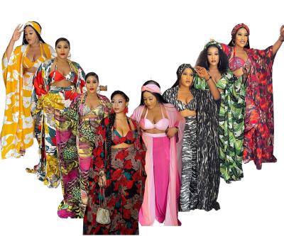 China Hot Sale Breathable Chiffon African Print Loose Plus Size Women 4 Piece Set With Long Coats for sale